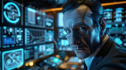 Fototapeta premium Villainous character 3D with cybernetic enhancements and a stern expression stands in a hightech control room, his menacing gaze reflecting his mastermind role.