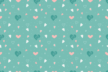 Beautiful seamless romantic pattern with colorful small and large hearts and white dots on  green background. White, pink, green colors. For backgrounds, wallpapers, textiles, packaging, and  website.