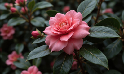 Obraz premium Camellia (Camellia japonica) Evergreen shrub with glossy, dark green leaves and large, showy flowers in shades of pink, red,