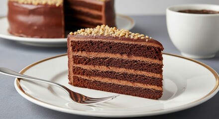 Chocolate cake slice with hazelnut topping representing indulgence and sweetness