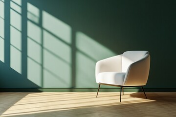 A minimalist room features a single off-white armchair against a muted green wall, bathed in sunlight streaming through a window, casting shadows on the floor and wall