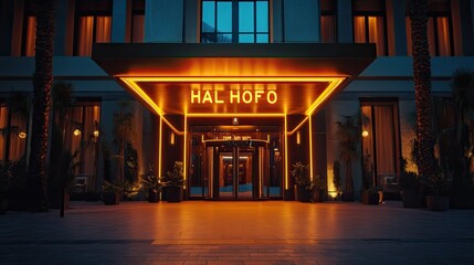 Hal Hofo beckons with glowing anticipation as a new destination emerges sleek architecture warm neon lighting and a