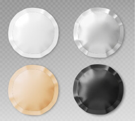 Set of blank foil bag packaging mockups in various colors - beige and white, silver and black. Container template for face mask. Empty round sachet, plastic pouch for food, cosmetic medicine products.