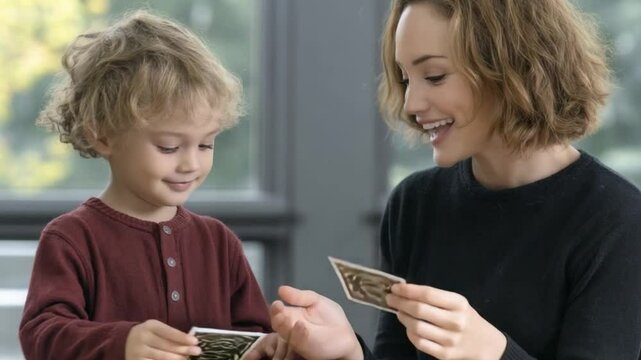Joyful interaction between a woman and child enjoying a game indoors with natural light shining through windows