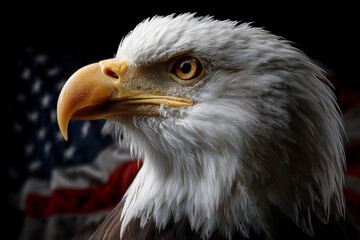Fototapeta premium The eagle with the American flag is a symbol of freedom and strength. Symbolizes freedom, strength and patriotism, national pride, Independence Day, American identity and wildlife conservation