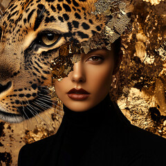 AI-generated conceptual portrait of a woman with cat face fusion, representing mystery, confidence, and empowered feminine beauty.