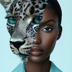AI-generated artistic portrait of a woman and leopard hybrid, expressing strength, luxury, and untamed feminine energy.