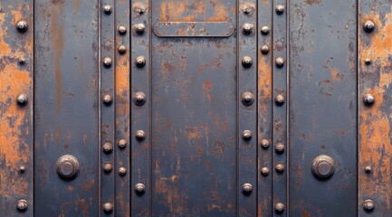 Fototapeta premium Weathered steel plate with rivets, showing rust and discoloration, exhibiting a textured industrial aesthetic