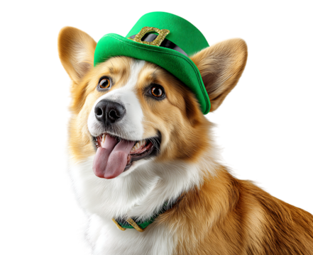 A cheerful corgi dog wearing a sparkling green top hat  poses joyfully, encapsulating the festive spirit of  St. Patrick's Day on transparent background