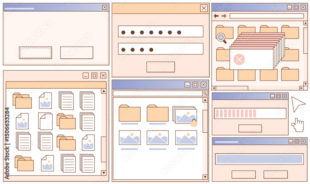 Poster retro user interface kit with various windows and panels, folders and buttons, icons in pastel color