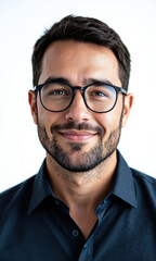 Obraz premium Smiling Man Glasses Dark Shirt Portrait Isolated A medium close-up photo features a man with short dark hair and glasses
