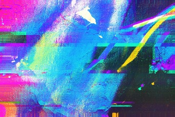 Glitch art with vibrant neon pink, blue, yellow. Futuristic Y2K style, digital distortion, holographic texture. Digital art, creative banner, modern 2000s visuals, abstract backgrounds.