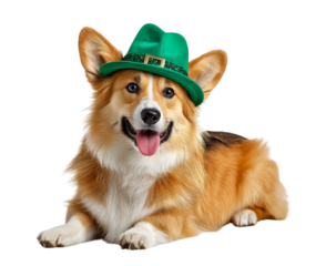 A Corgi dog wearing a St. Patrick's Day hat, isolated on a transparent background.