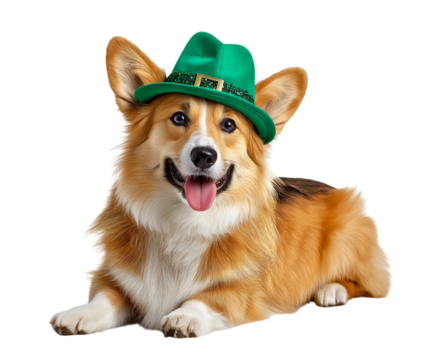 A Corgi dog wearing a St. Patrick's Day hat, isolated on a transparent background.