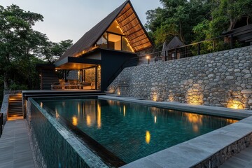 Modern hillside villa with infinity pool, illuminated at dusk;  dark wood and stone accents, tropical setting