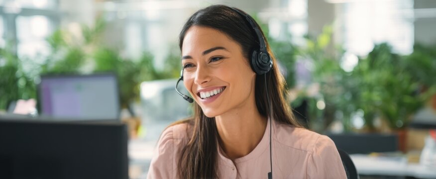 The smiling woman in a headset providing exceptional customer service in the office.