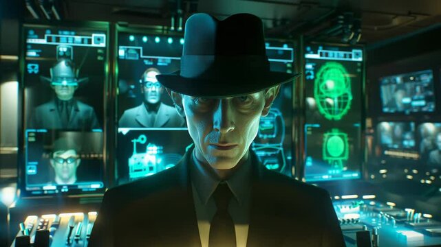 A hyper realistic, villainous figure clad in a sleek, dark suit and enhanced with cybernetic features stares through his eyes.