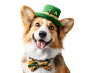 Happy corgi dog wearing a green leprechaun hat and bow tie for St. Patrick's Day on transparent background