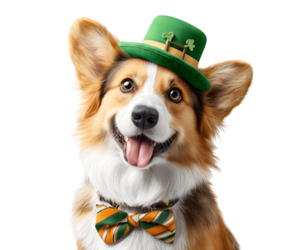 Happy corgi dog wearing a green leprechaun hat and bow tie for St. Patrick's Day on transparent background