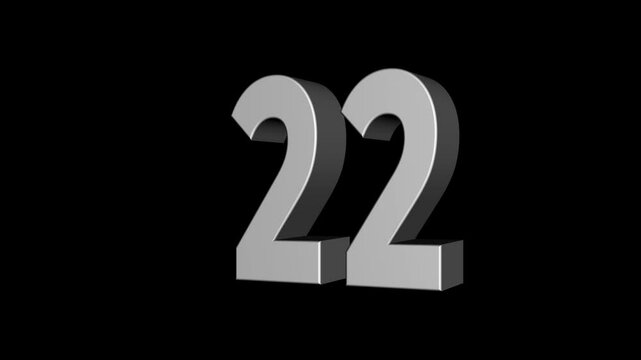 22th countdown concept on the transparent background.3d Shiny metallic countdown sequence with rotating numbers 22. countdown timer animation. Motion graphics of 22. 4k video animation.