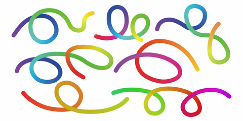 Set of abstract gradient color handwritten lines strokes spirals. Gradient abstract shapes. Vector graphic with wavy lines in rainbow colors.