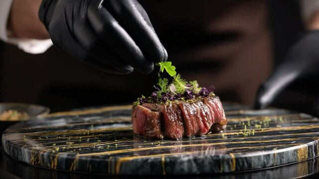 Gourmet chef plating exquisite steak with fresh herbs on marble surface in a fine dining restaurant setting