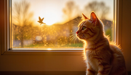 Young cat watching a bird through a large bay window with a curious expression at sunset