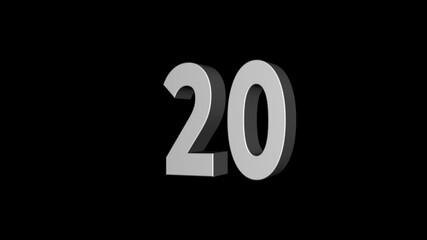20th countdown concept on the transparent background.3d Shiny metallic countdown sequence with rotating numbers 20 countdown timer animation. Motion graphics of 20. 4k video animation. - Powered by Adobe