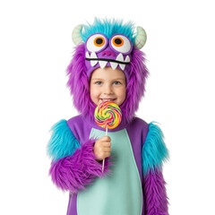 A child in a monster costume eats candy on Halloween. isolated on transparent or white background, png