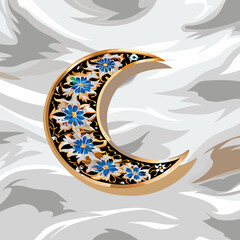 Elegant Islamic crescent moon adorned with intricate floral arabesque patterns, ideal for Eid-themed decorations, invitations, and festive designs.