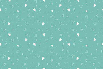 Beautiful seamless romantic pattern with small and large white hearts and white dots on  green background. For backgrounds, wallpapers, textiles, packaging, and  website.