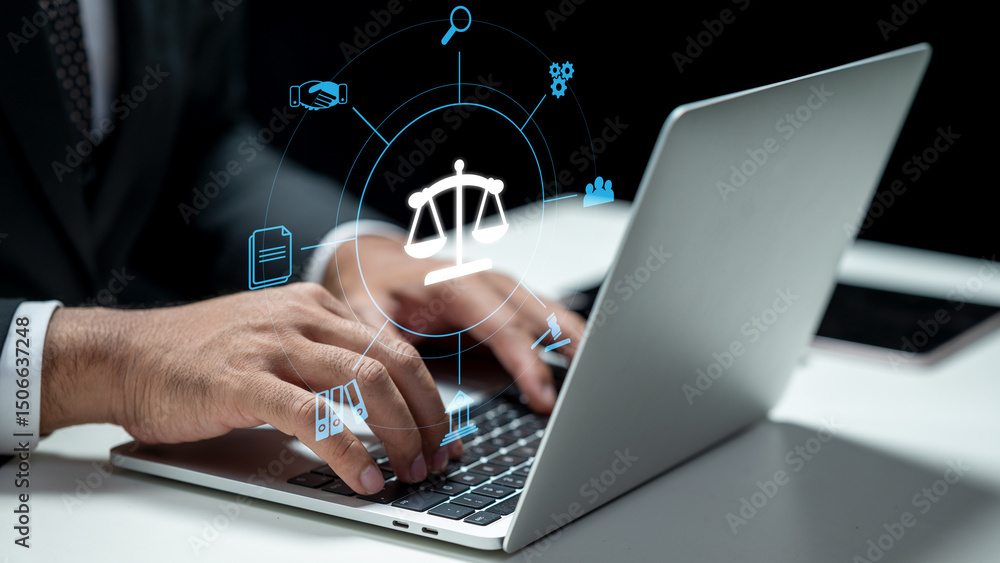 Poster businessman using a laptop and showing a judge scale icon. tablet on the table. technology innovatio