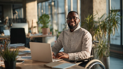 A man in a wheelchair smiles while working on his laptop in a modern office. Inclusivity. Suitable for topics related to workplace diversity, digital work and professional empowerment