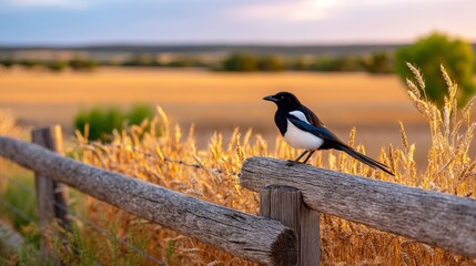 Magpie perched on rustic wooden fence in sunset-lit countryside landscape