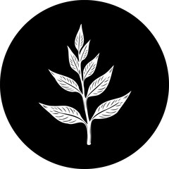 Elegant botanical sprig emblem against a solid black circle background design