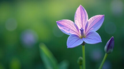 Fototapeta premium A Delicate Lavender Wildflower Blossoms in Soft Sunlight, a Bud Awaits its Turn