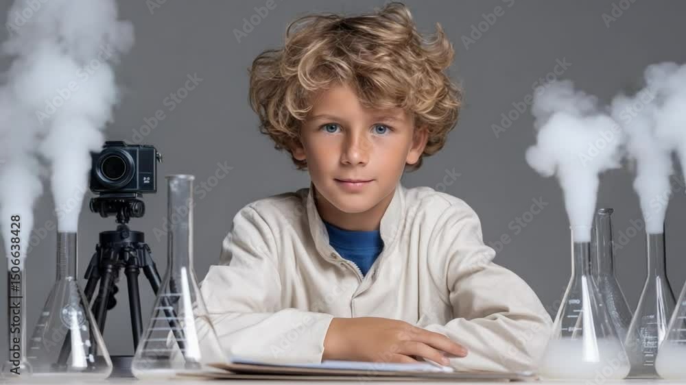 Poster young boy scientist conducting experiment in laboratory with beakers and camera in background