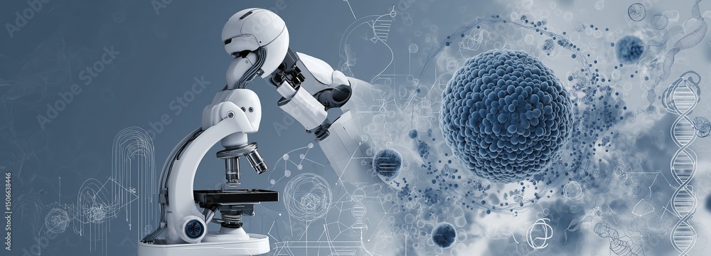Poster ai-powered robotic arm studying cellular organisms through microscope with dna charts and dark-blue 