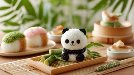 Adorable panda onigiri and assorted sushi art on bamboo mat