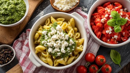 Delicious mediterranean pasta with pesto and tomato sauces garnished with cheese and fresh basil