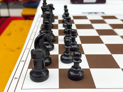 Black chess pieces on brown and white board ready for strategic game