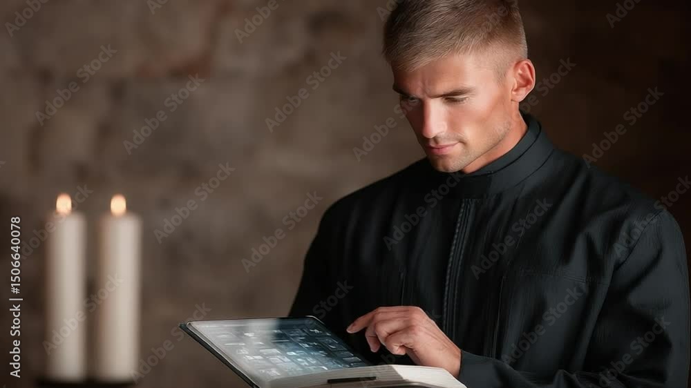 Aufkleber modern man using digital tablet in dimly lit room with candles creating a serene and contemplative a