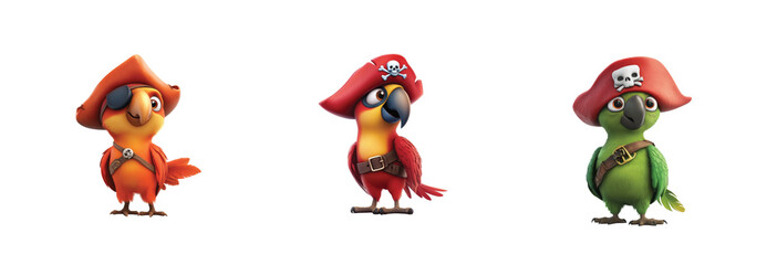 parrots wearing pirate hats exuding a playful 3d