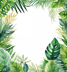 Naklejka premium Vibrant greenery surrounds an empty space, showcasing various types of jungle leaves, including ferns and palm fronds. This natural frame enhances creativity and brings a fresh aesthetic