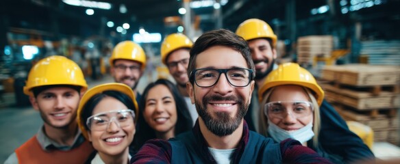 The happy team of workers in a bustling warehouse celebrating together.