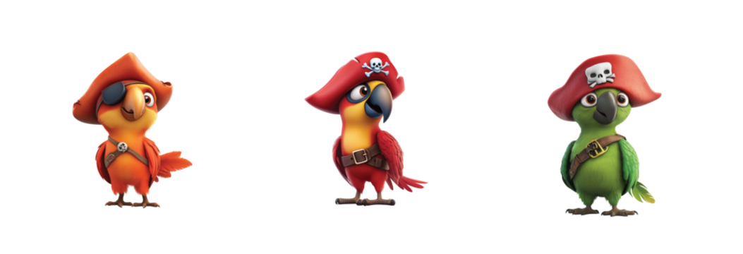 parrots wearing pirate hats exuding a playful 3d