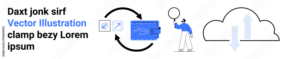 Poster data flow arrows connecting digital wallet and cloud, individual interacting with data balloon. idea