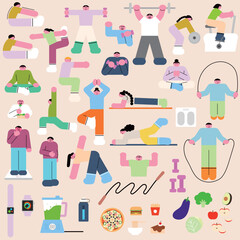 Fitness and Diet Vector Elements for Healthy Lifestyle Illustration