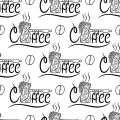 Seamless pattern with the inscription coffee and a coffee turk. Can be used for making wallpaper, fabrics and other types of products