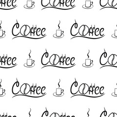Seamless pattern with the inscription coffee and a coffee cup. Can be used for making wallpaper, fabrics and other types of products